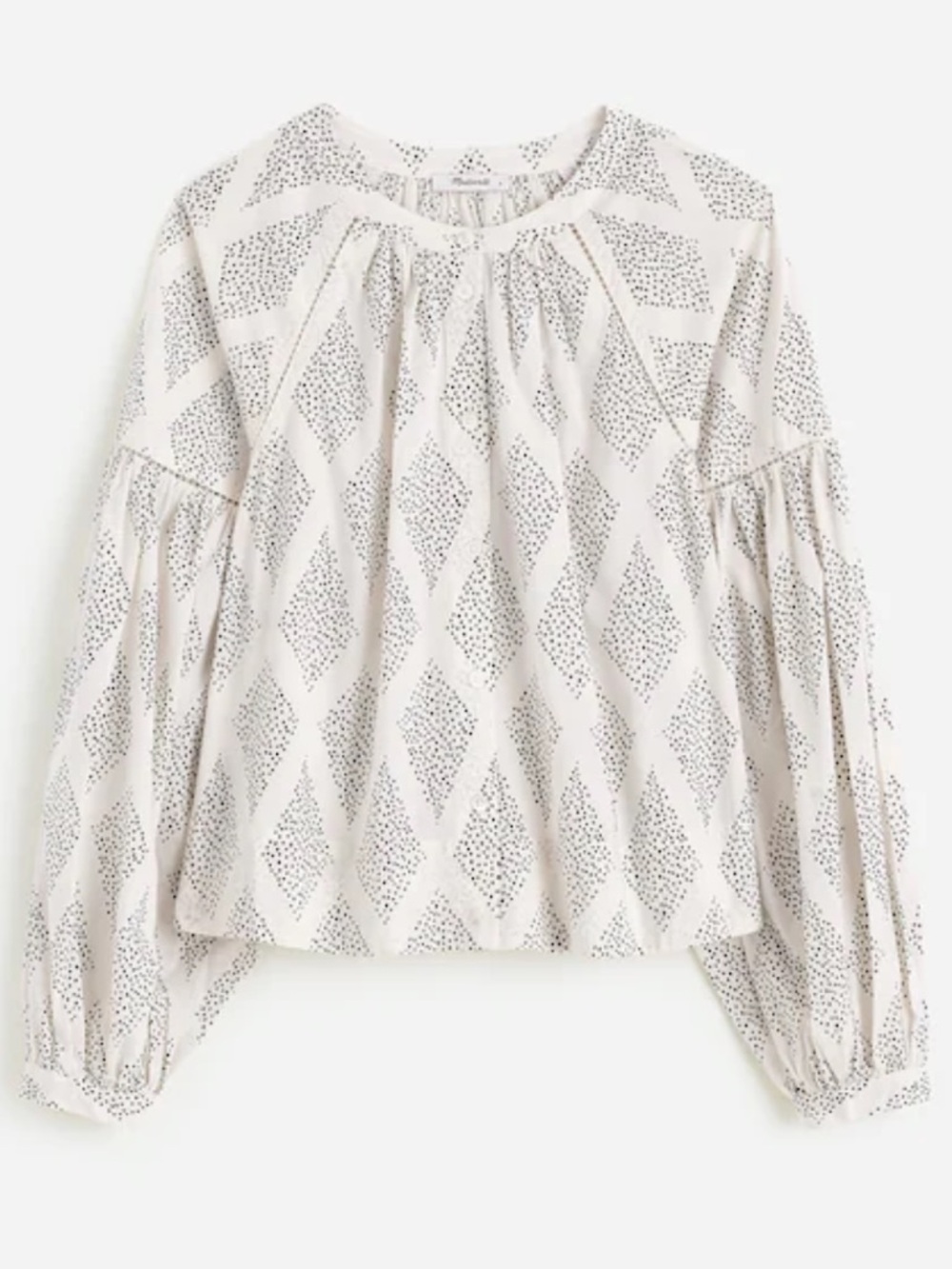 Madewell Diamond-Print Balloon-Sleeve Peasant Blouse - White/Gray